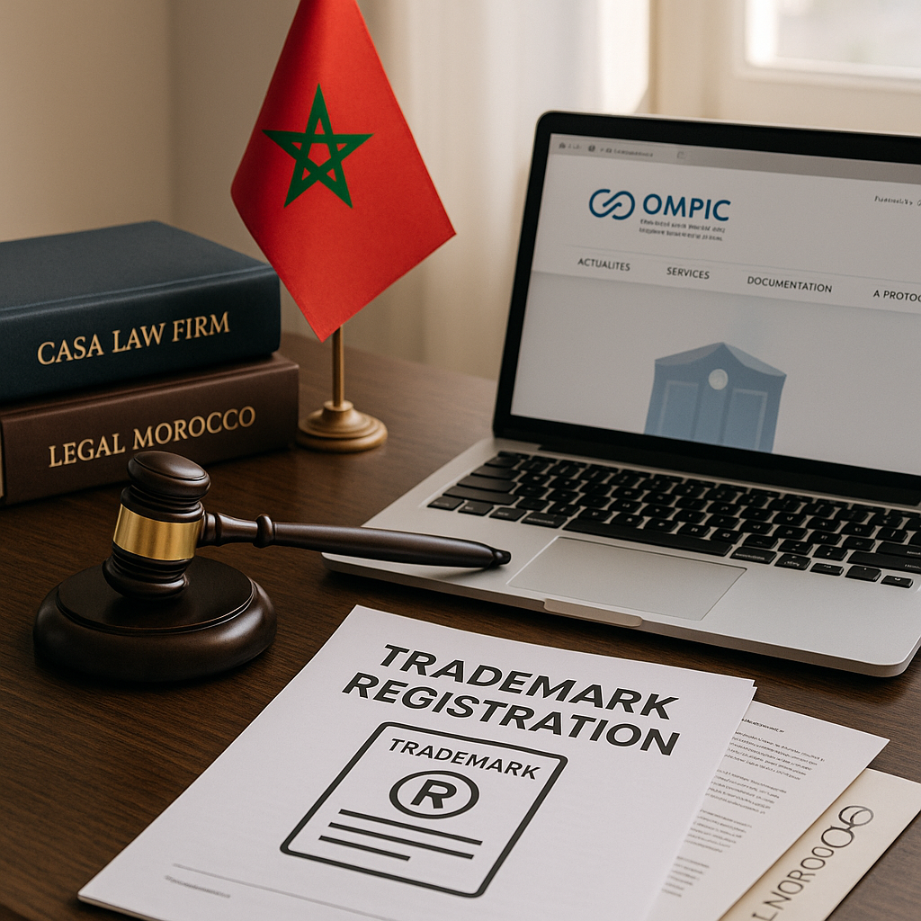 Trademark registration document on a desk with Moroccan flag, gavel, and laptop showing OMPIC website